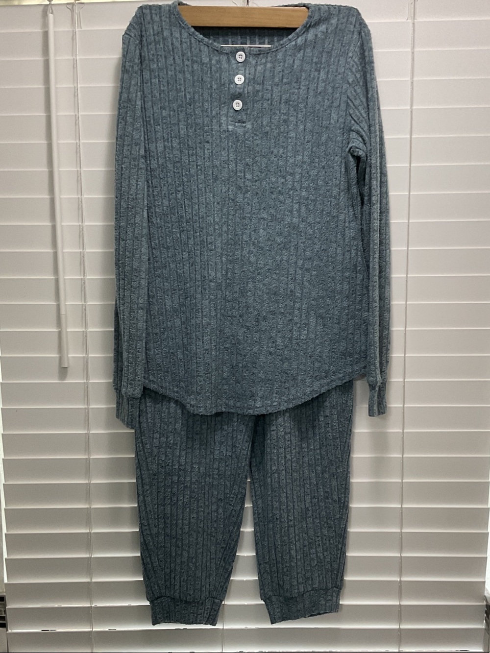 Women's Ribbed Long-Sleeve Pajama Set - Heather Slate Blue M